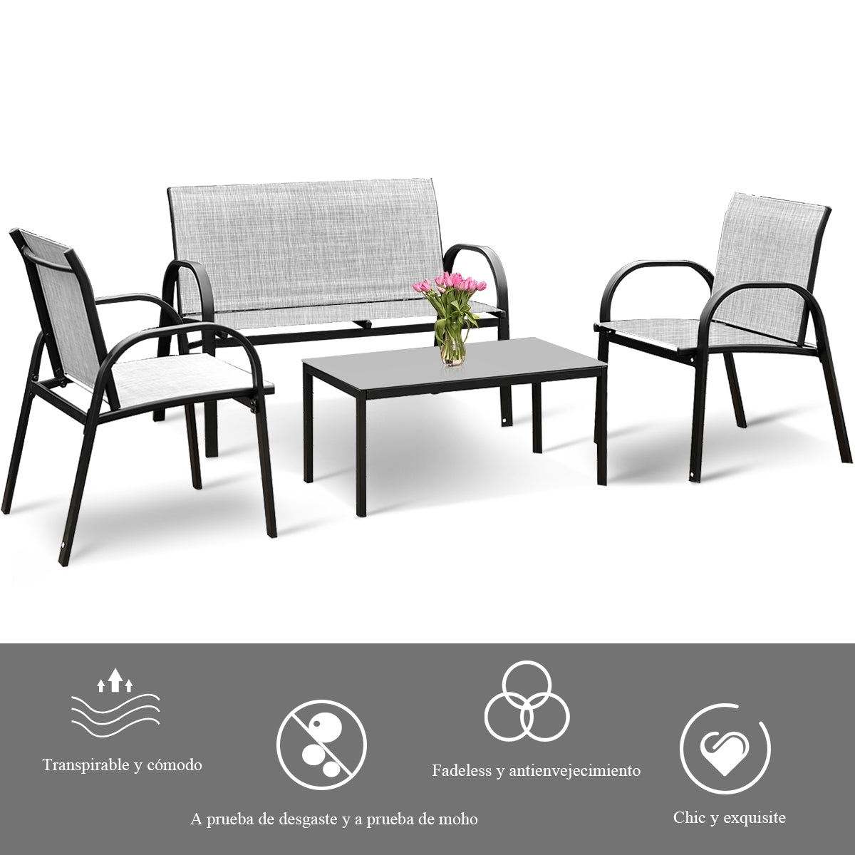 Juego de Mesita y Sillón y Banco Muebles de Patio Mesa de Centro Mesita de Jardín de Hierro y Tela de Malla para Terraza Exterior Gris