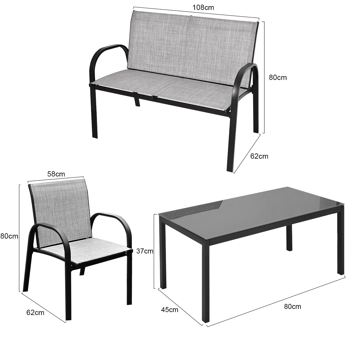 Juego de Mesita y Sillón y Banco Muebles de Patio Mesa de Centro Mesita de Jardín de Hierro y Tela de Malla para Terraza Exterior Gris