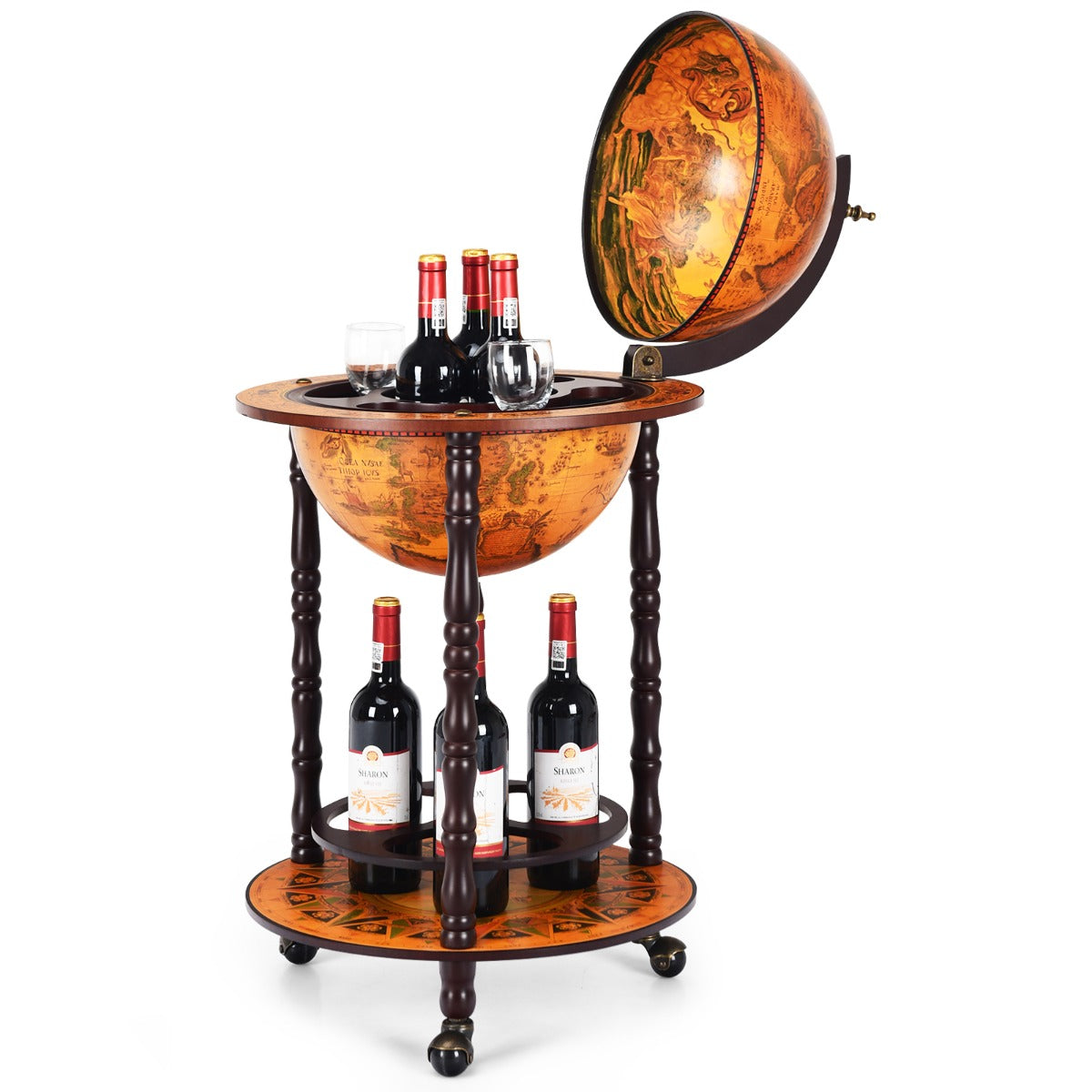 Soporte con Forma de Globo Porta Vinos Giratorio Repisa para Licores y Vino Marrón 47 x 47 x 90 cm