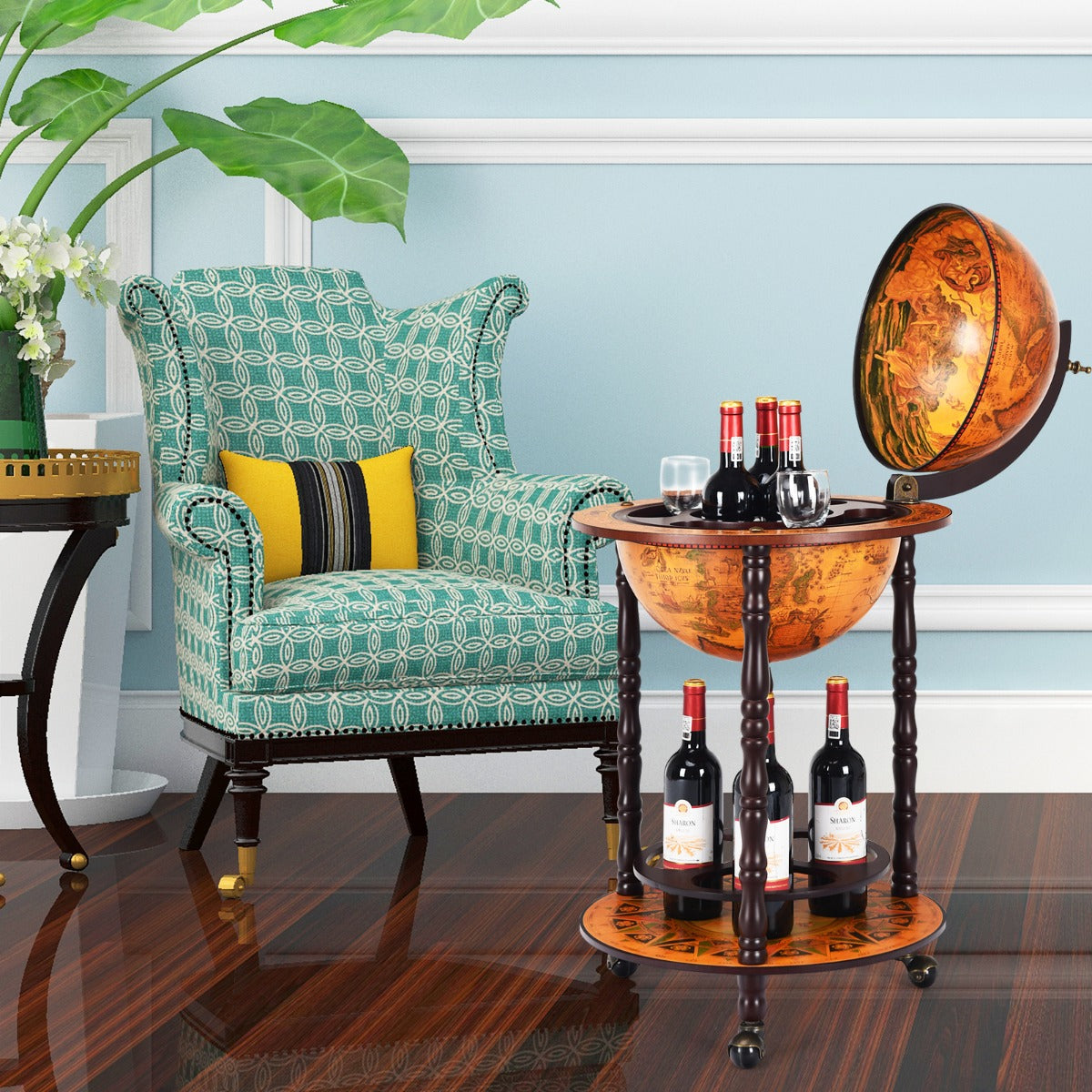 Soporte con Forma de Globo Porta Vinos Giratorio Repisa para Licores y Vino Marrón 47 x 47 x 90 cm