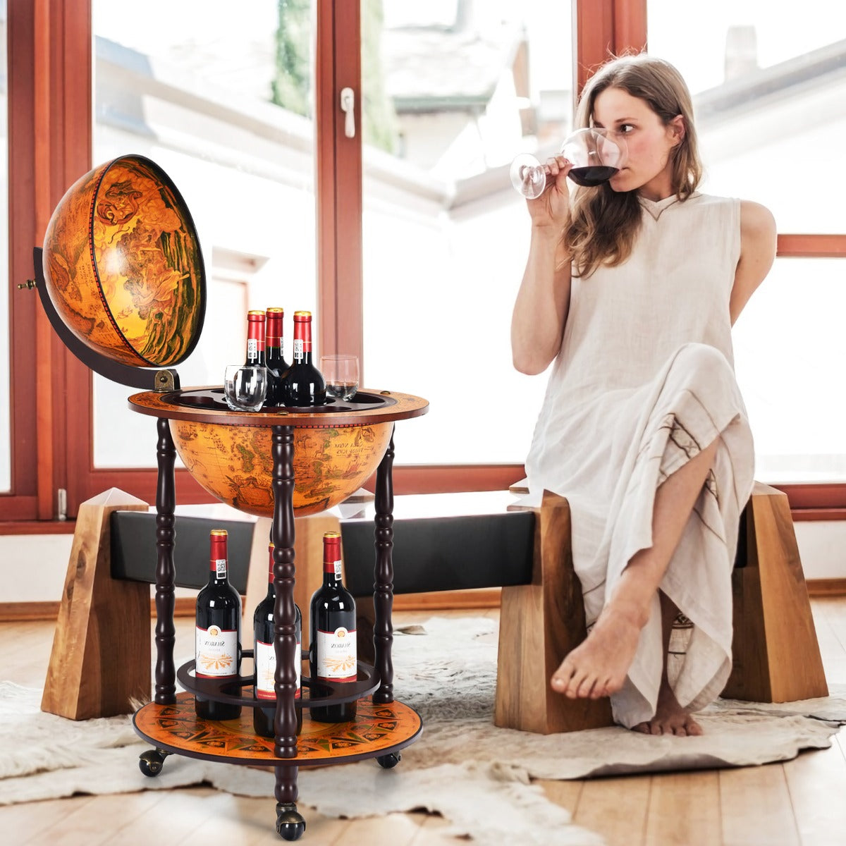 Soporte con Forma de Globo Porta Vinos Giratorio Repisa para Licores y Vino Marrón 47 x 47 x 90 cm