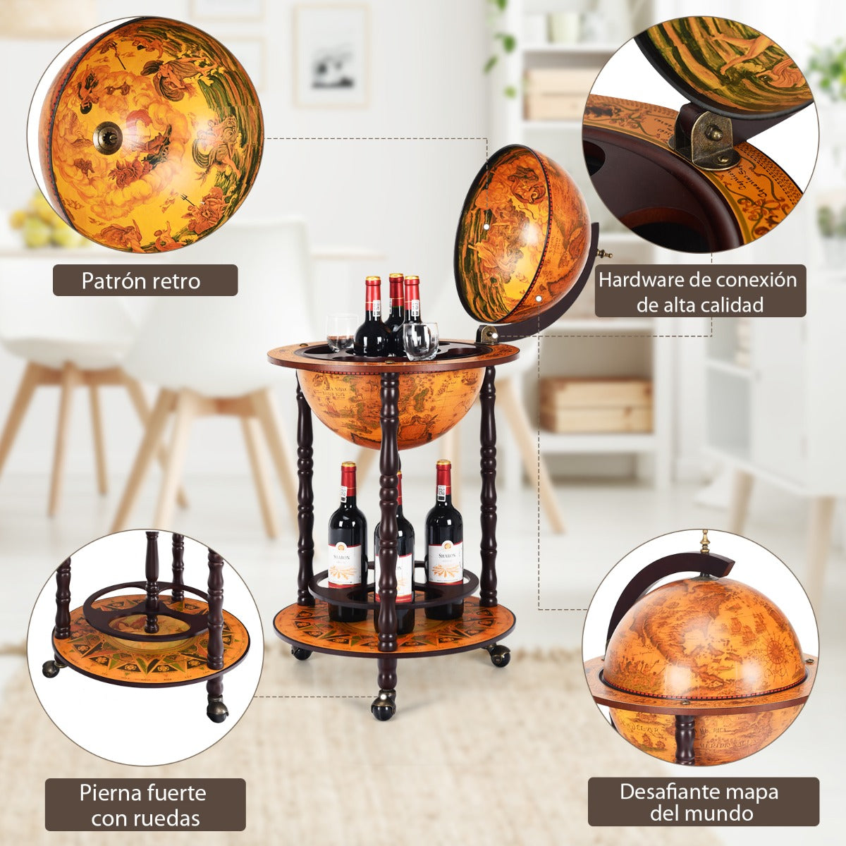 Soporte con Forma de Globo Porta Vinos Giratorio Repisa para Licores y Vino Marrón 47 x 47 x 90 cm