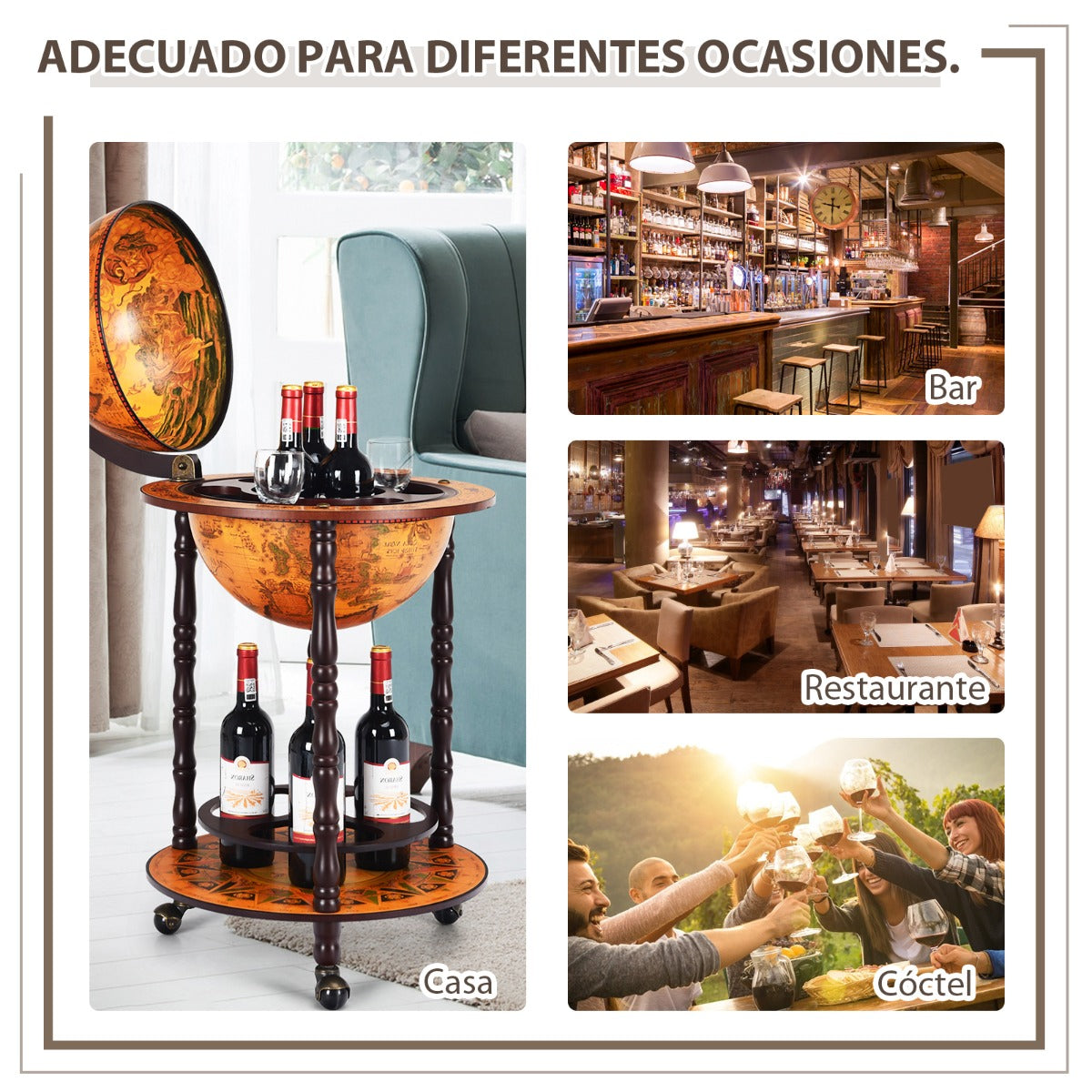 Soporte con Forma de Globo Porta Vinos Giratorio Repisa para Licores y Vino Marrón 47 x 47 x 90 cm