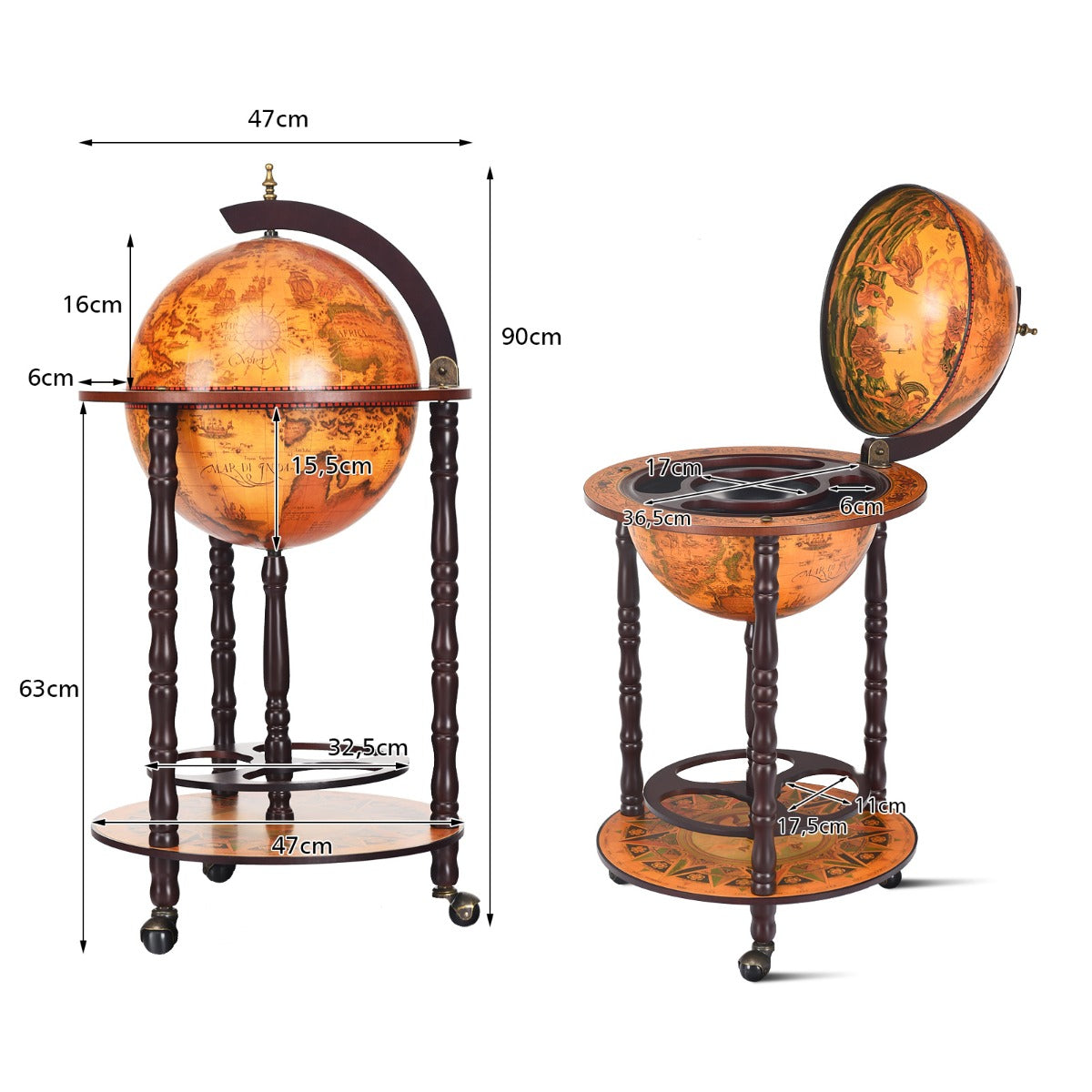 Soporte con Forma de Globo Porta Vinos Giratorio Repisa para Licores y Vino Marrón 47 x 47 x 90 cm