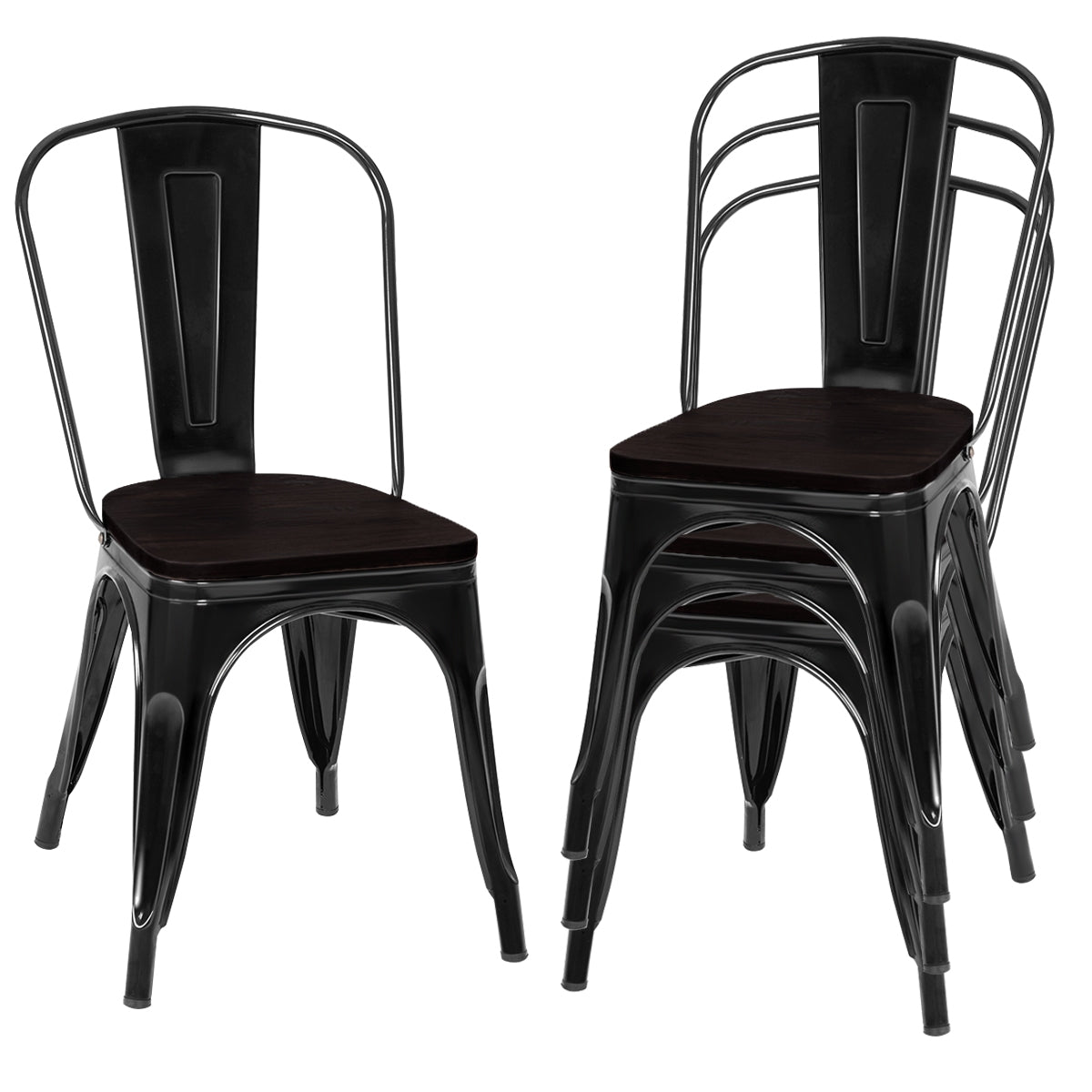 4 Sillas de Metal Apilables con Respaldo y Asiento de Madera para Casa Cocina Bar Negro 52 x 42 x 84 cm