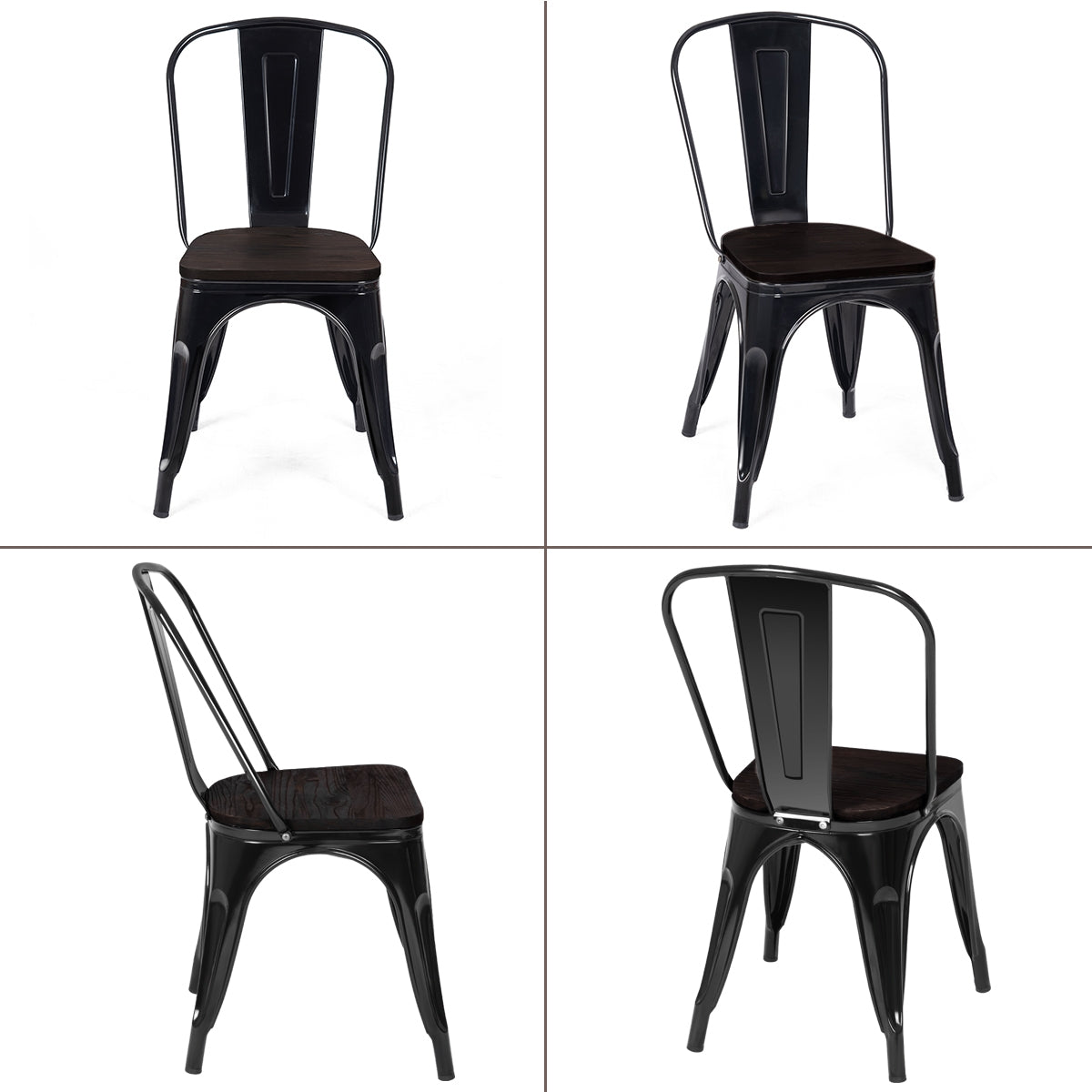 4 Sillas de Metal Apilables con Respaldo y Asiento de Madera para Casa Cocina Bar Negro 52 x 42 x 84 cm