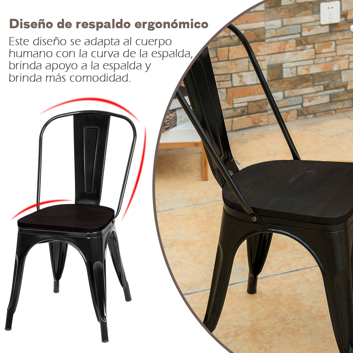 4 Sillas de Metal Apilables con Respaldo y Asiento de Madera para Casa Cocina Bar Negro 52 x 42 x 84 cm