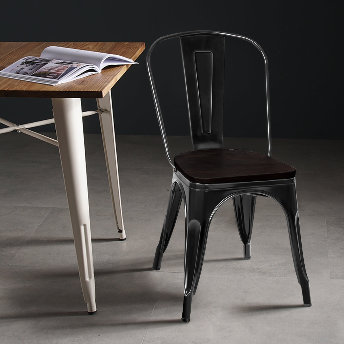 4 Sillas de Metal Apilables con Respaldo y Asiento de Madera para Casa Cocina Bar Negro 52 x 42 x 84 cm