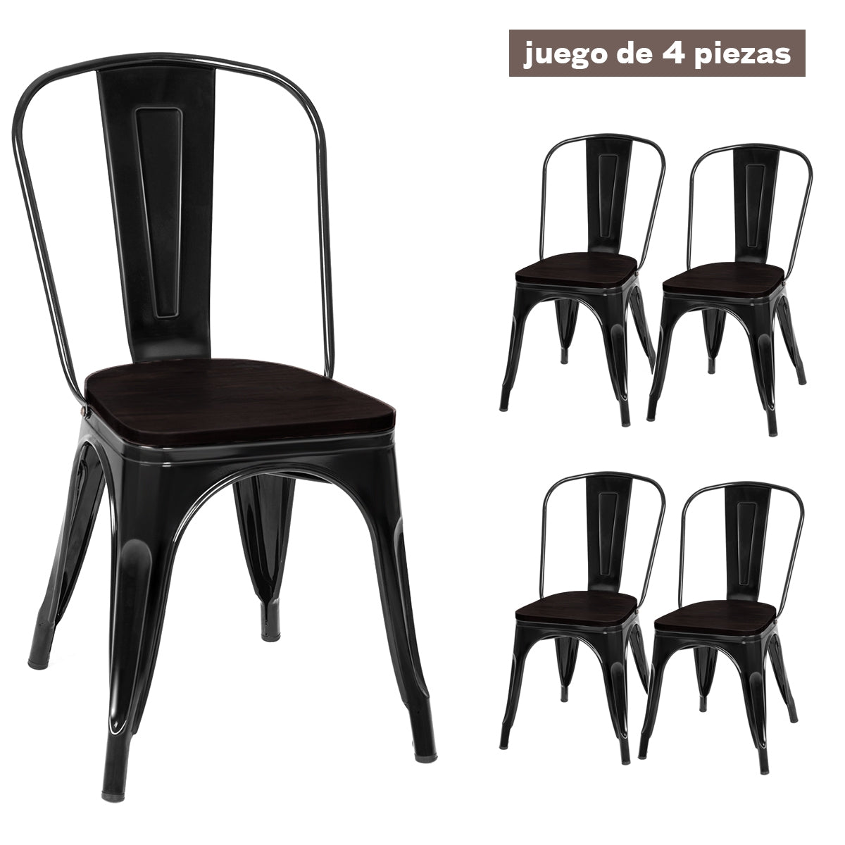 4 Sillas de Metal Apilables con Respaldo y Asiento de Madera para Casa Cocina Bar Negro 52 x 42 x 84 cm