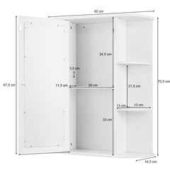 Armario para Baño Montado a la Pared con Espejo Gabinete Organizador Moderno con Repisas para Lavandería Salón Blanco 60 x 16,5 x 70,5 cm