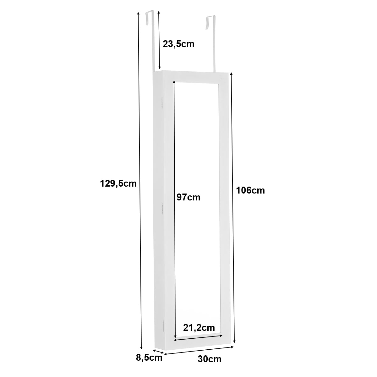 Espejo Joyero con Iluminación LED Armario para Joyas con Espejo Colgante de Puerta Pared 106 x 30 x 8,5 cm Blanco