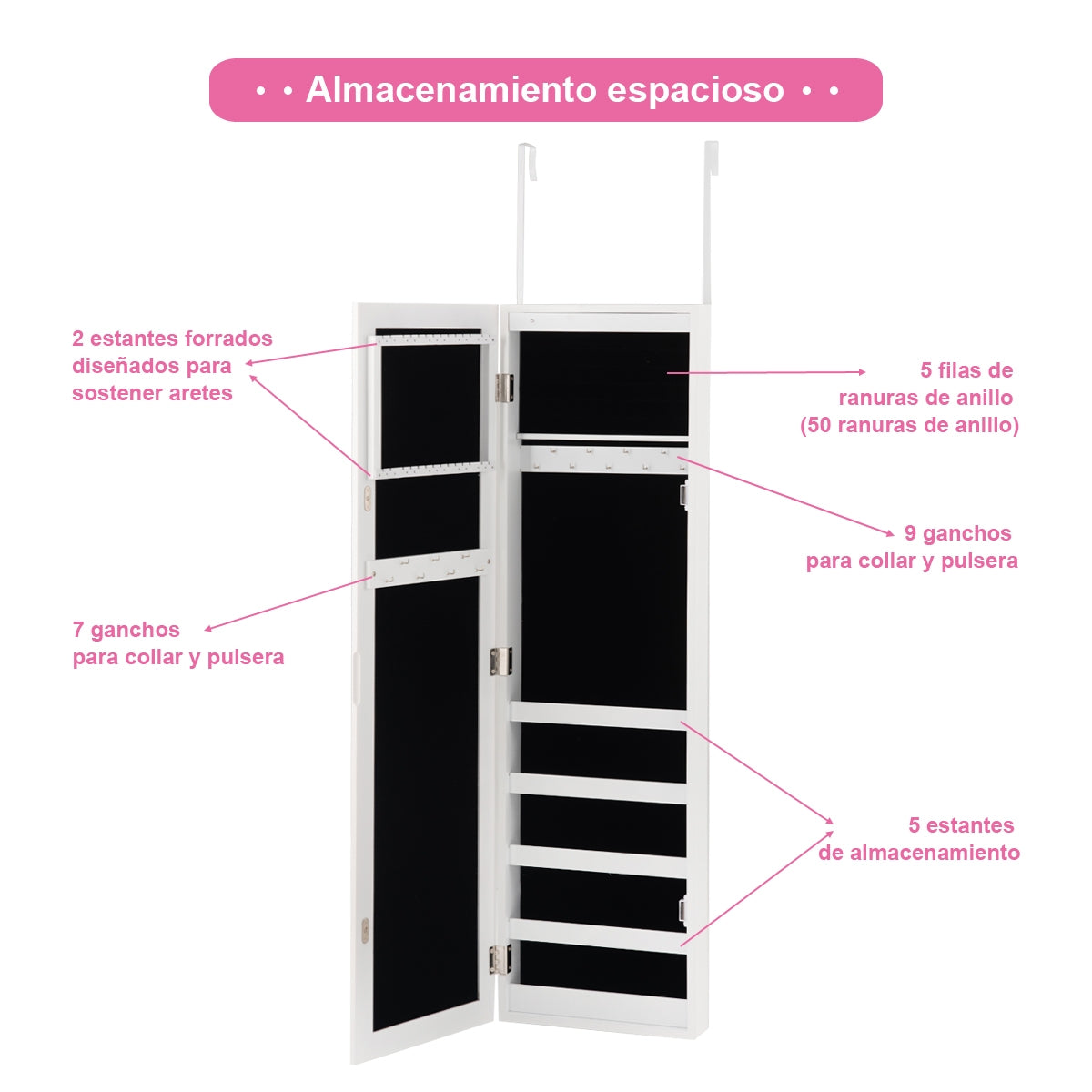 Espejo Joyero con Iluminación LED Armario para Joyas con Espejo Colgante de Puerta Pared 106 x 30 x 8,5 cm Blanco