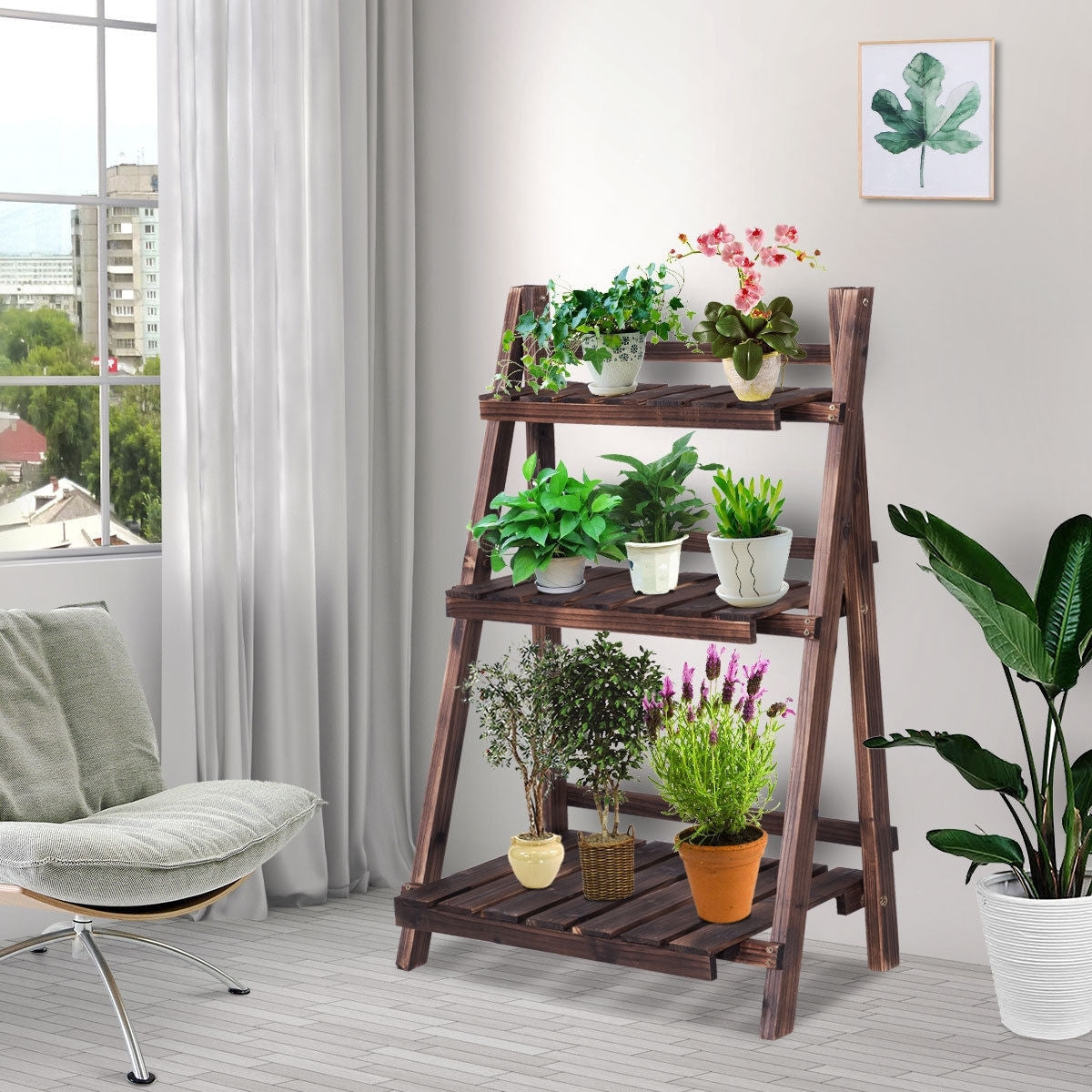 Estante para Plantas con 3 Niveles Expositor Flores en Madera de Abeto Estante Plegable para Jardín Patio Balcón Marrón 60 x 32 x 93 cm