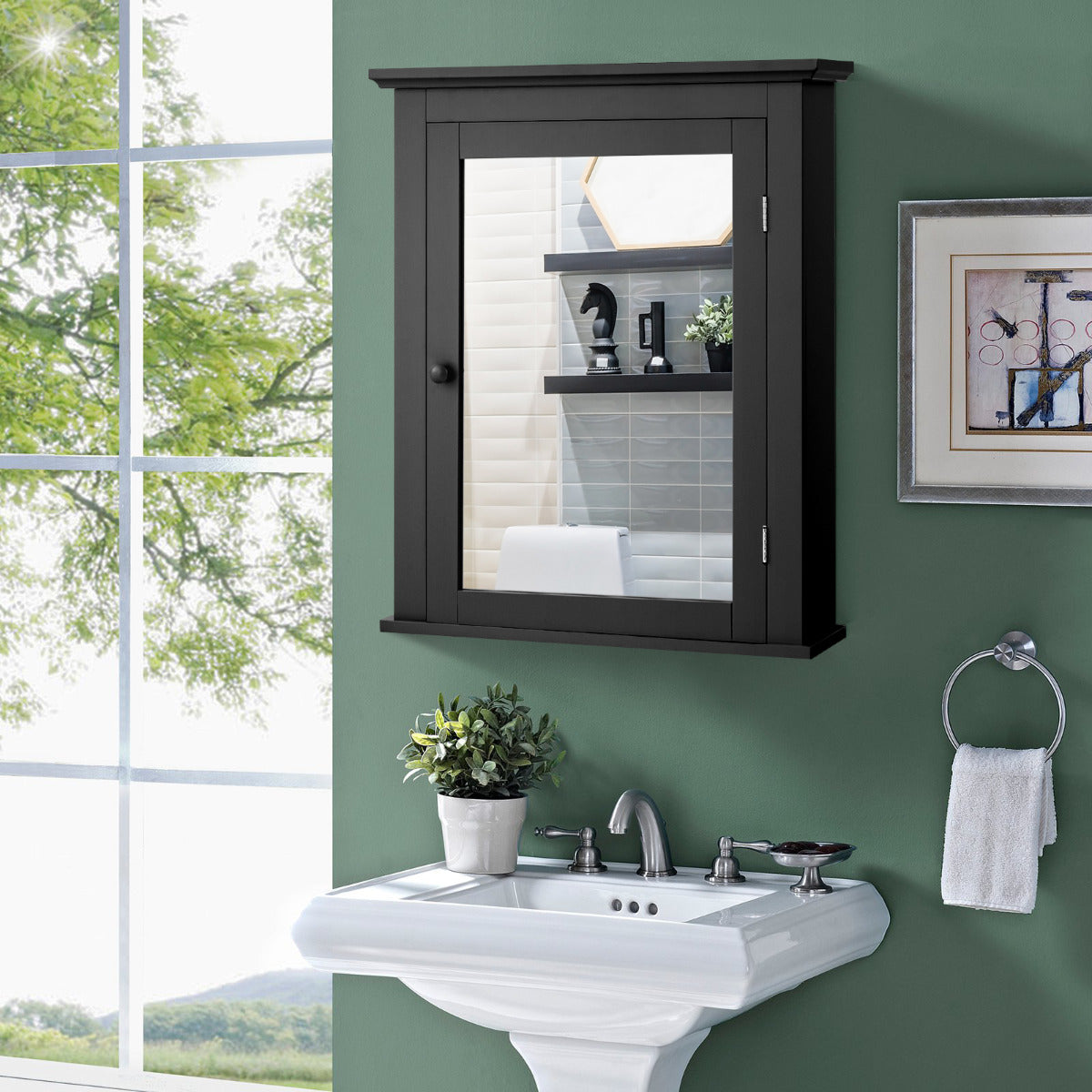 Armario de Baño con Espejo de Pared Organizador con Puerta y Estante Ajustable Gabinete de Almacenamiento 56 x 15 x 69,5 cm Negro