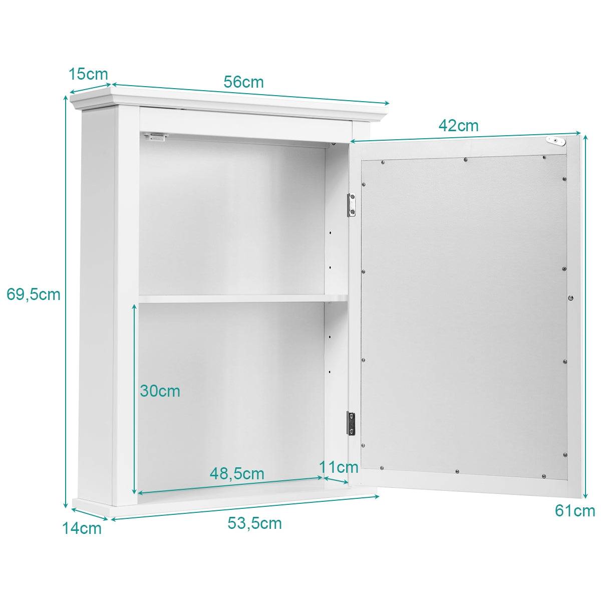 Armario de Baño con Espejo de Pared Organizador con Puerta y Estante Ajustable Gabinete de Almacenamiento 56 x 15 x 69,5 cm Blanco