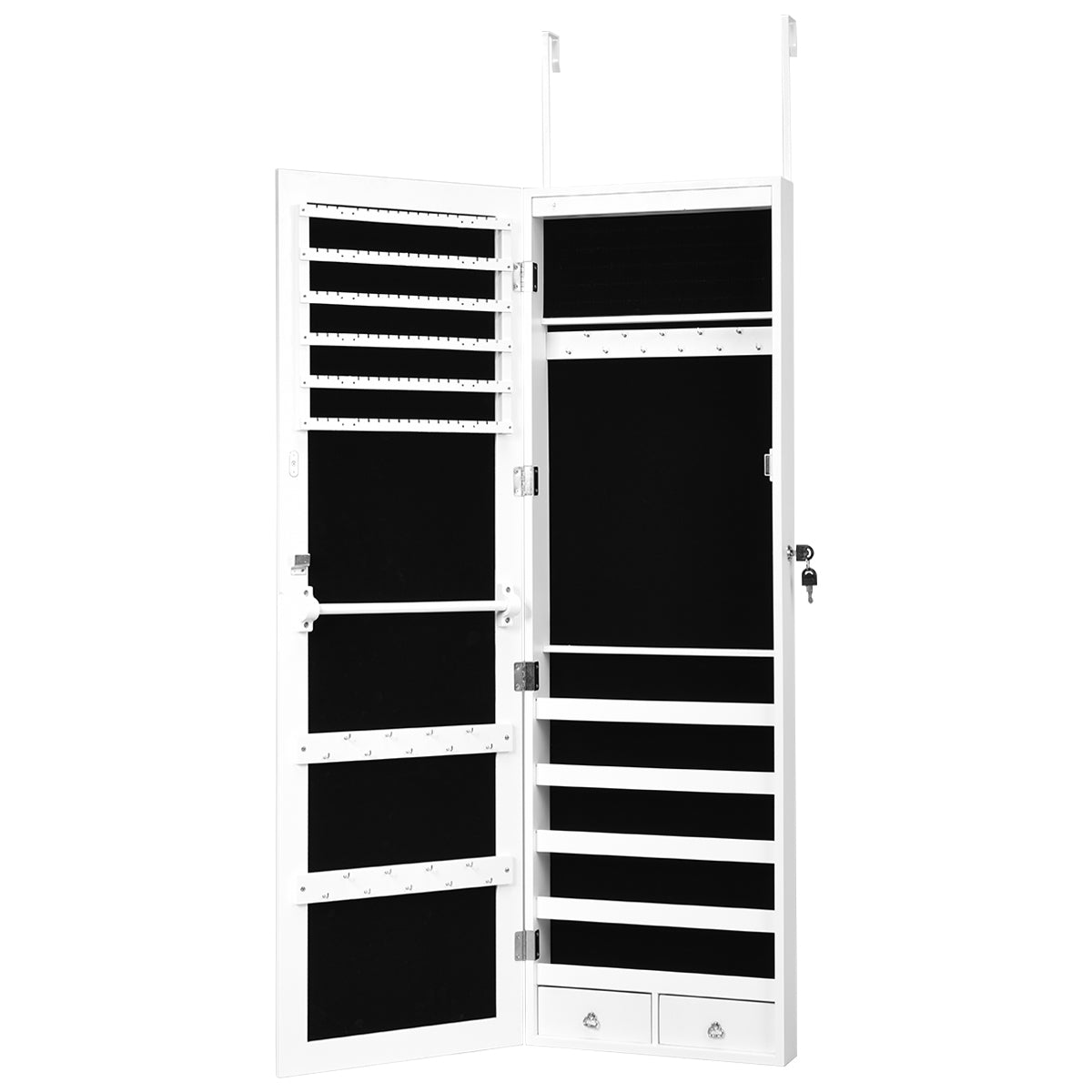 Espejo Joyero Cuelga a Puerta Pared con LED Luces Armario para Joyas con Bloqueo 2 Cajones 5 Estantes 29 Ganchos 37 x 8,5 x 120 cm Blanco