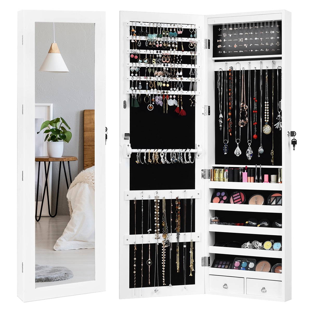 Espejo Joyero Cuelga a Puerta Pared con LED Luces Armario para Joyas con Bloqueo 2 Cajones 5 Estantes 29 Ganchos 37 x 8,5 x 120 cm Blanco