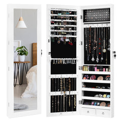 Espejo Joyero Cuelga a Puerta Pared con LED Luces Armario para Joyas con Bloqueo 2 Cajones 5 Estantes 29 Ganchos 37 x 8,5 x 120 cm Blanco