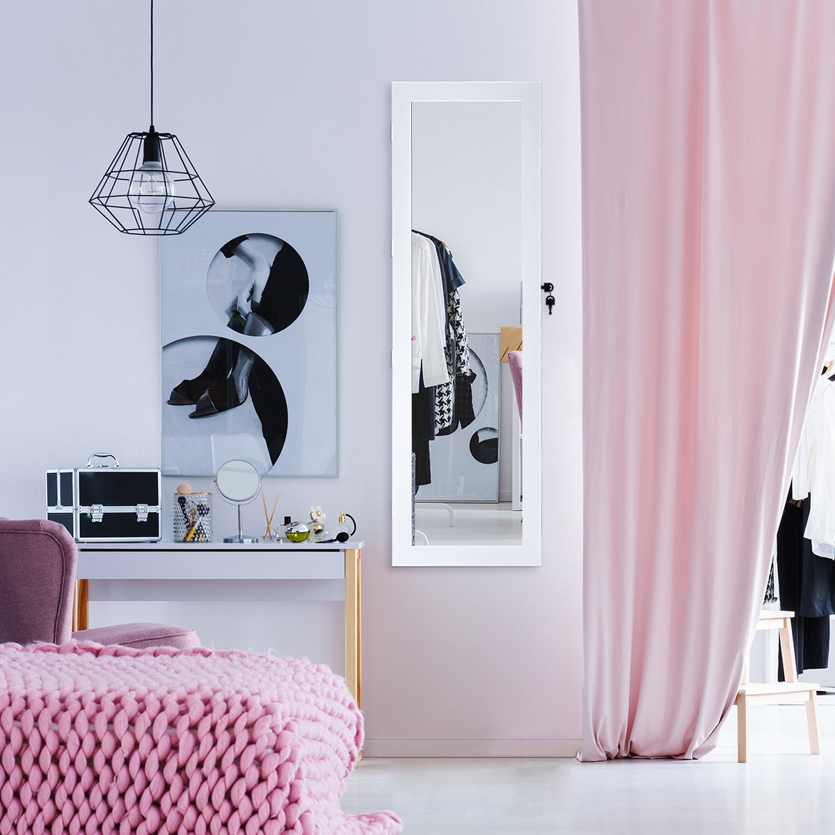Espejo Joyero Cuelga a Puerta Pared con LED Luces Armario para Joyas con Bloqueo 2 Cajones 5 Estantes 29 Ganchos 37 x 8,5 x 120 cm Blanco