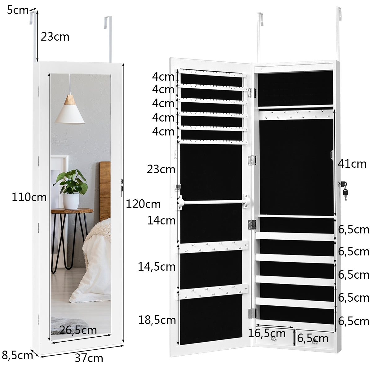 Espejo Joyero Cuelga a Puerta Pared con LED Luces Armario para Joyas con Bloqueo 2 Cajones 5 Estantes 29 Ganchos 37 x 8,5 x 120 cm Blanco