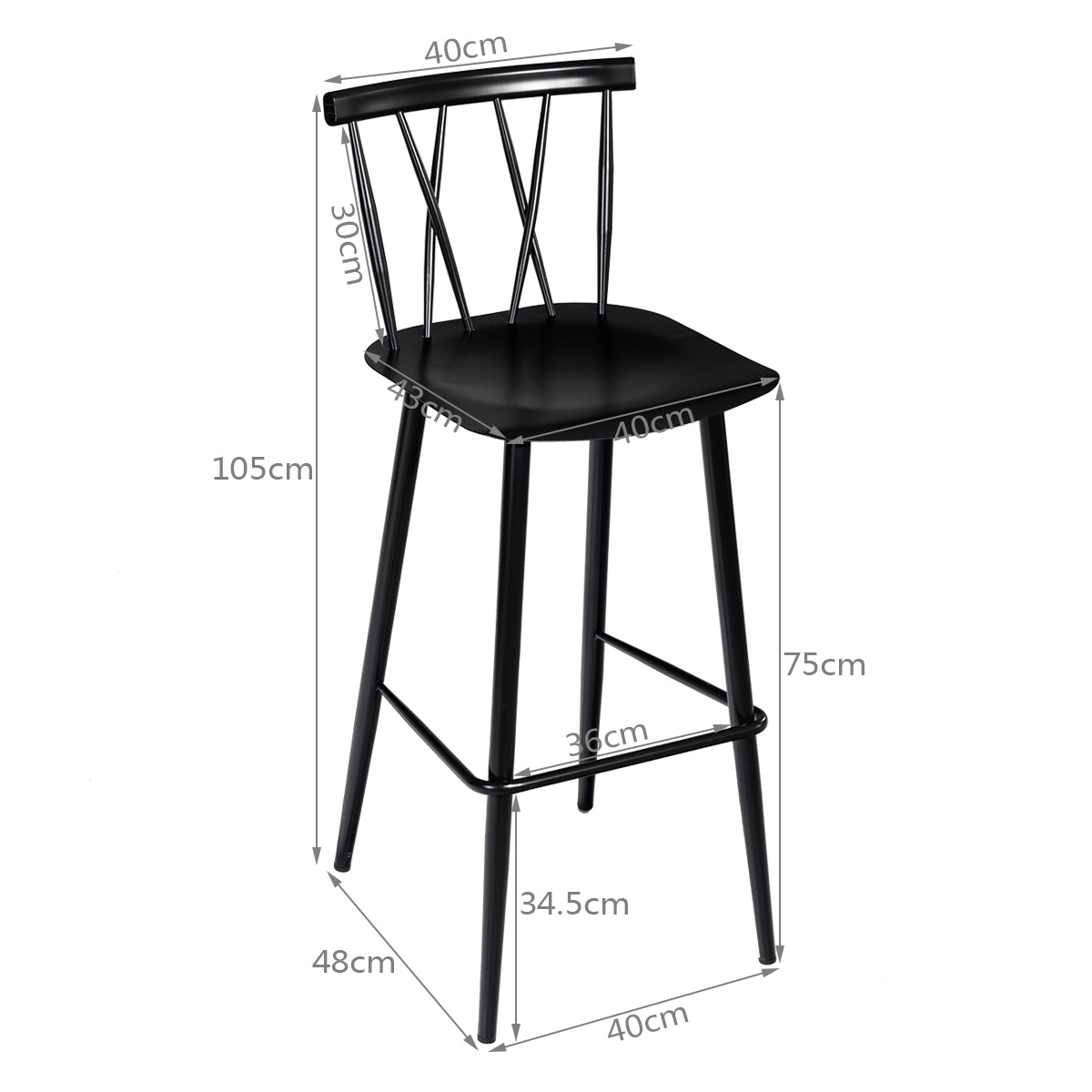 Set de 2 Sillas de Comedor Sillas de Metal Simples y Modernas con Respaldo para Bistró Bar Negro 48 x 40 x 105 cm