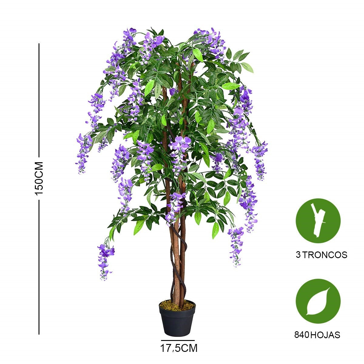 Flor de árbol de glicina artificial 150 cm Planta decorativa en florero de interior violeta.