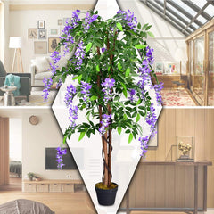 Flor de árbol de glicina artificial 150 cm Planta decorativa en florero de interior violeta.