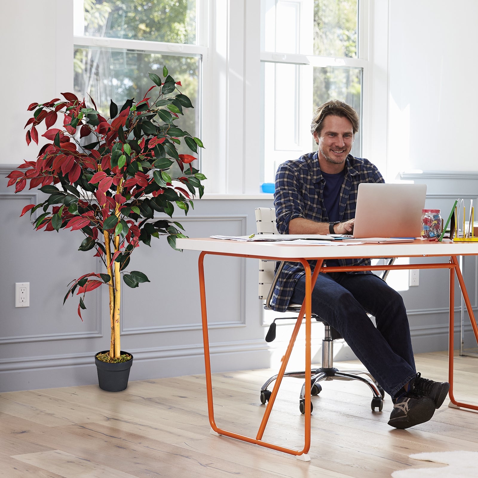 Ficus Falso Planta Artificial Realística y Decorativa con Maceta de Cemento para Casa Oficina Sala de Espera 120 cm