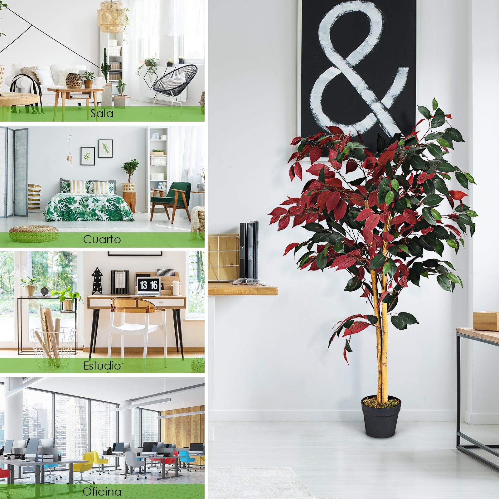 Ficus Falso Planta Artificial Realística y Decorativa con Maceta de Cemento para Casa Oficina Sala de Espera 120 cm