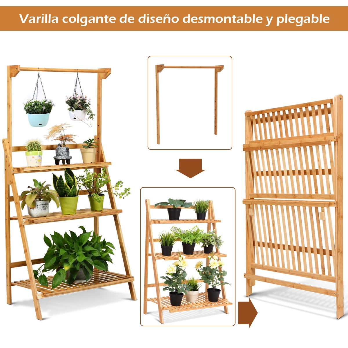 Estante Plegable Decorativo para Plantas y Flores para Interior Exterior Césped Jardín Balcón Bambú 70 x 40 x 120-144 cm