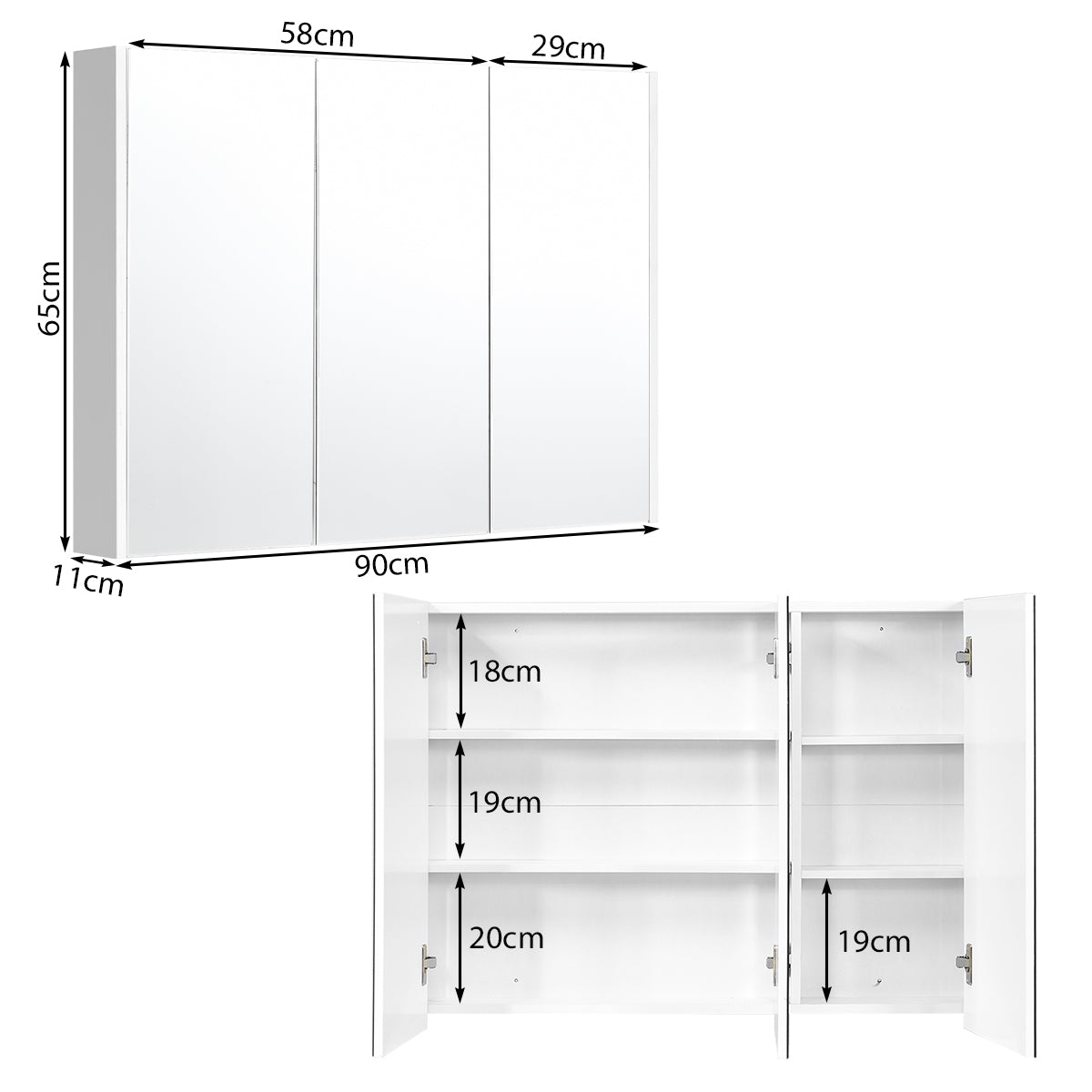 Armario de Baño con Espejo 3 Puertas Gabinete de Baño en Pared 90 x 11 x 65 cm