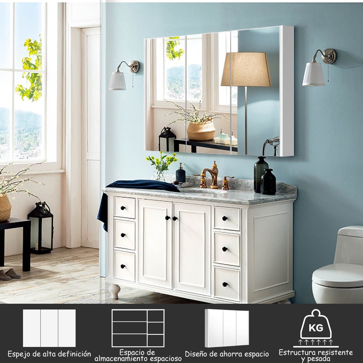 Armario de Baño con Espejo 3 Puertas Gabinete de Baño en Pared 90 x 11 x 65 cm