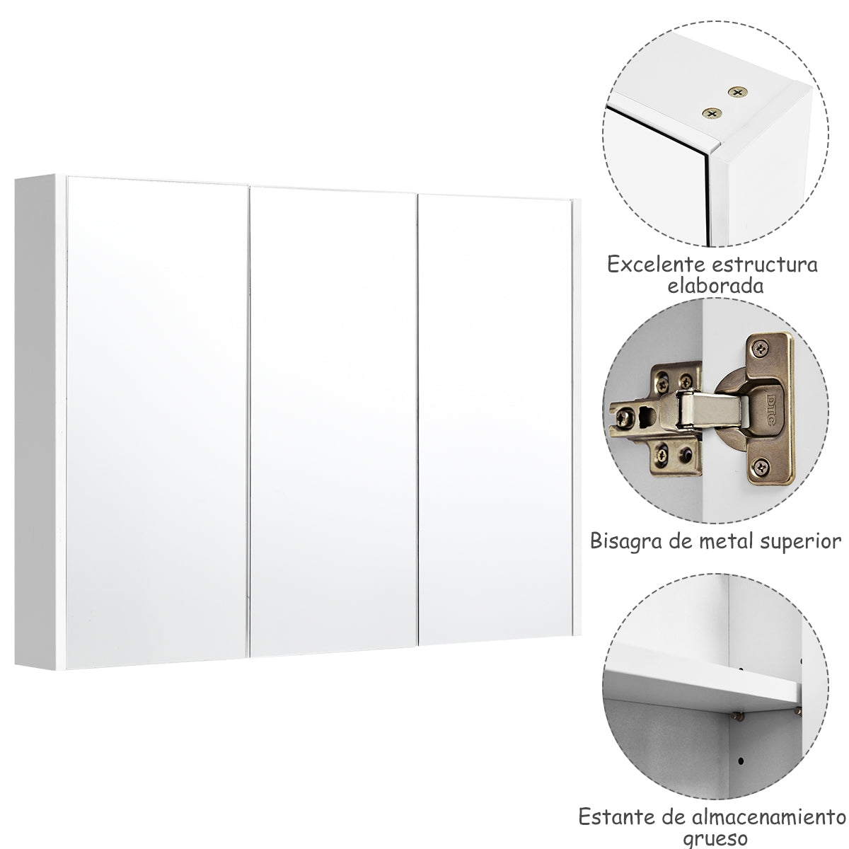 Armario de Baño con Espejo 3 Puertas Gabinete de Baño en Pared 90 x 11 x 65 cm