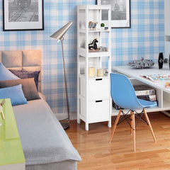 Armario Alto de Suelo para Baño con 2 Cajones y 3 Estantes Mueble Columna de Madera para Baño 30,5 x 30,5 x 144 cm Blanco