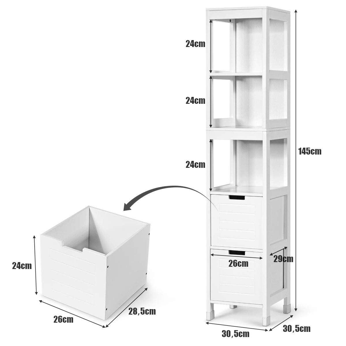 Armario Alto de Suelo para Baño con 2 Cajones y 3 Estantes Mueble Columna de Madera para Baño 30,5 x 30,5 x 144 cm Blanco