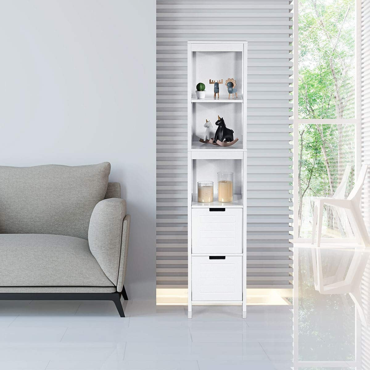 Armario Alto de Suelo para Baño con 2 Cajones y 3 Estantes Mueble Columna de Madera para Baño 30,5 x 30,5 x 144 cm Blanco