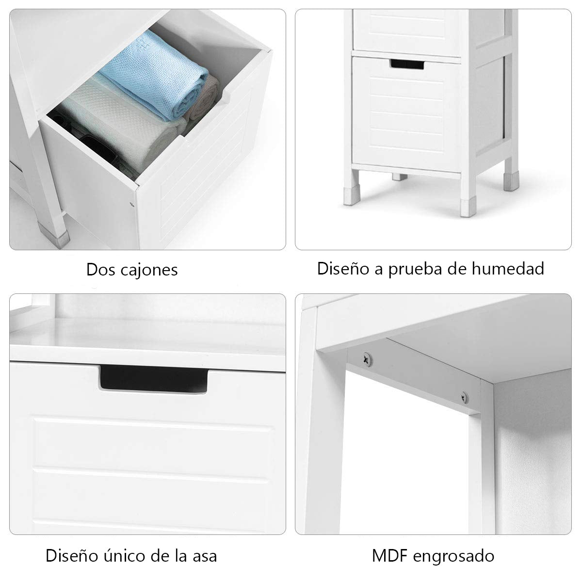 Armario Alto de Suelo para Baño con 2 Cajones y 3 Estantes Mueble Columna de Madera para Baño 30,5 x 30,5 x 144 cm Blanco
