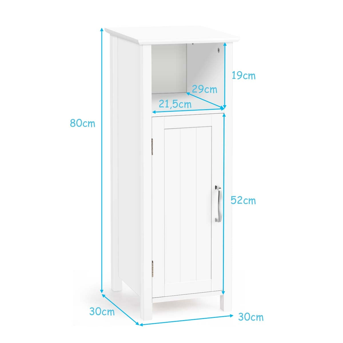 Armario de Suelo de Baño Gabinete con 3 Estantes y Puerta Estantería de Almacenamiento para Cocina Dormitorio Salón Blanco 30 x 30 x 80 cm