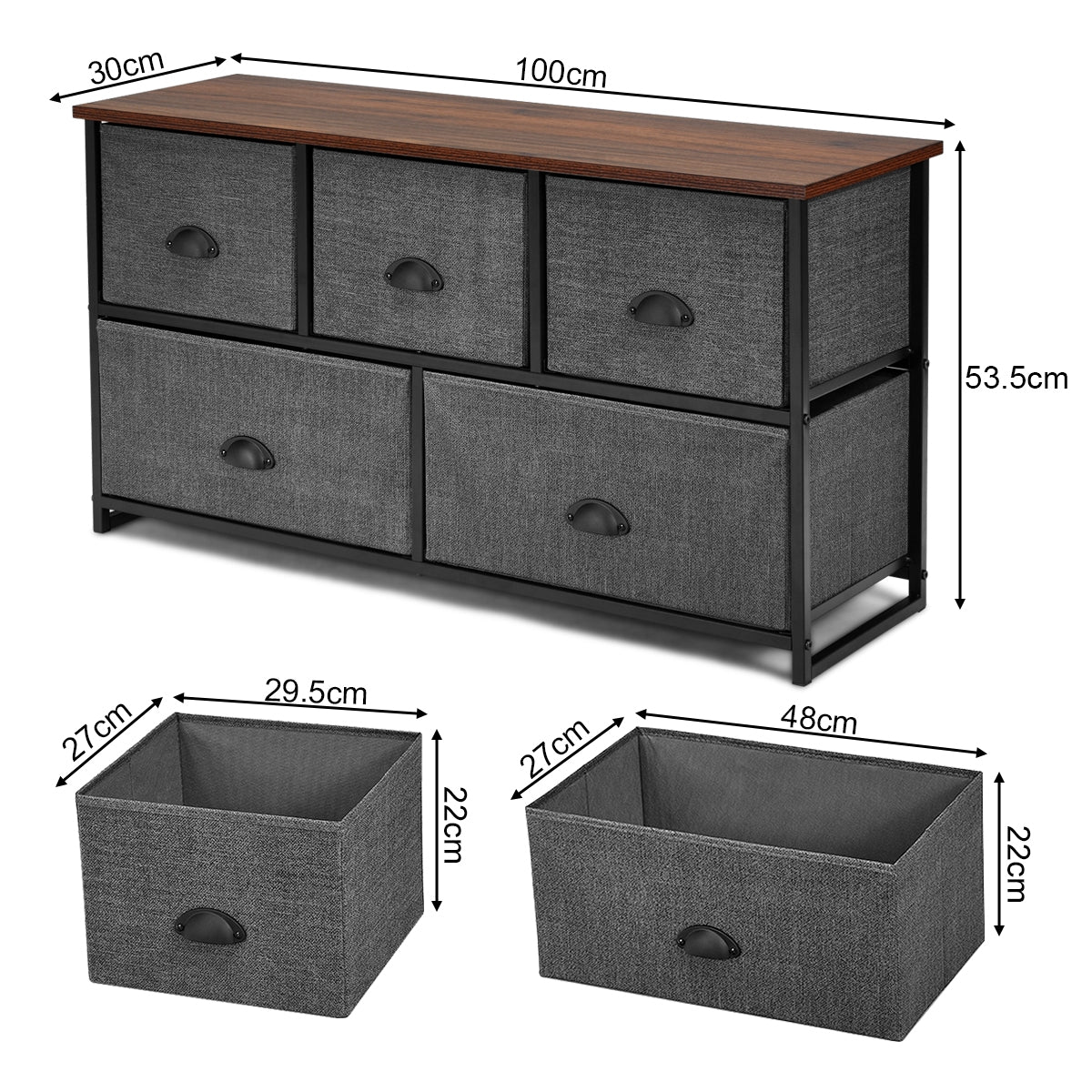 Organizador con 5 Cajones con Estructura en Hierro para Dormitorio Armario Entrada Pasillo Negro y Gris Oscuro 100 x 30 x 53,5 cm