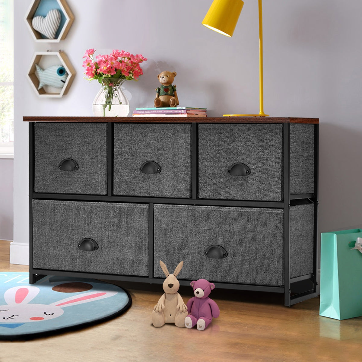 Organizador con 5 Cajones con Estructura en Hierro para Dormitorio Armario Entrada Pasillo Negro y Gris Oscuro 100 x 30 x 53,5 cm