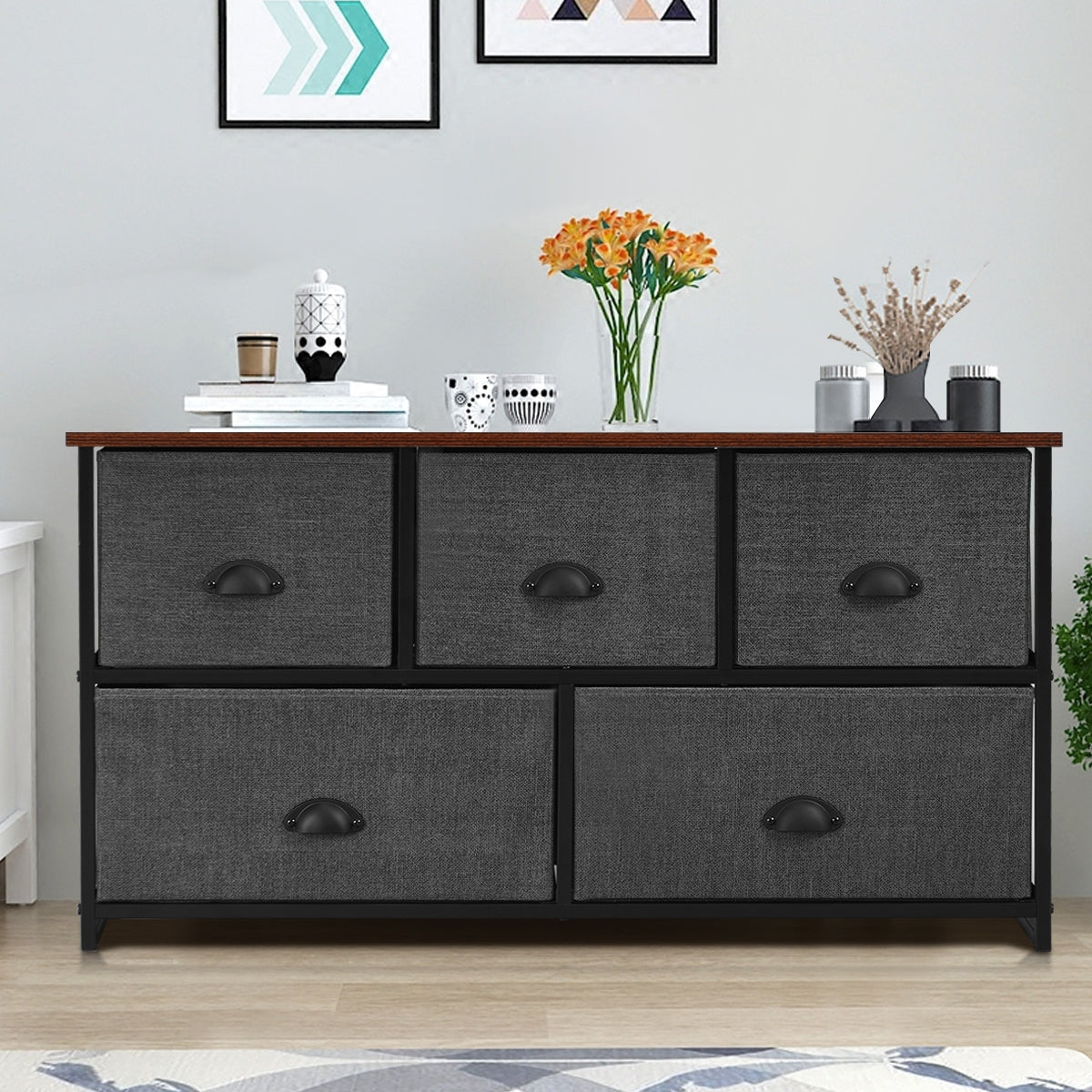 Organizador con 5 Cajones con Estructura en Hierro para Dormitorio Armario Entrada Pasillo Negro y Gris Oscuro 100 x 30 x 53,5 cm