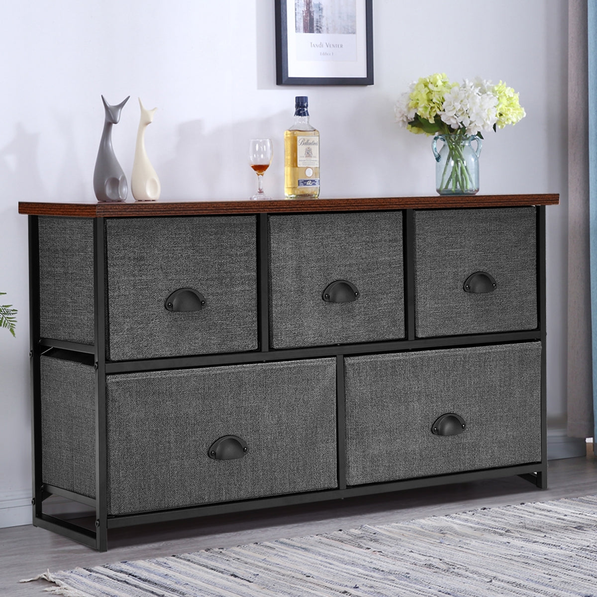 Organizador con 5 Cajones con Estructura en Hierro para Dormitorio Armario Entrada Pasillo Negro y Gris Oscuro 100 x 30 x 53,5 cm