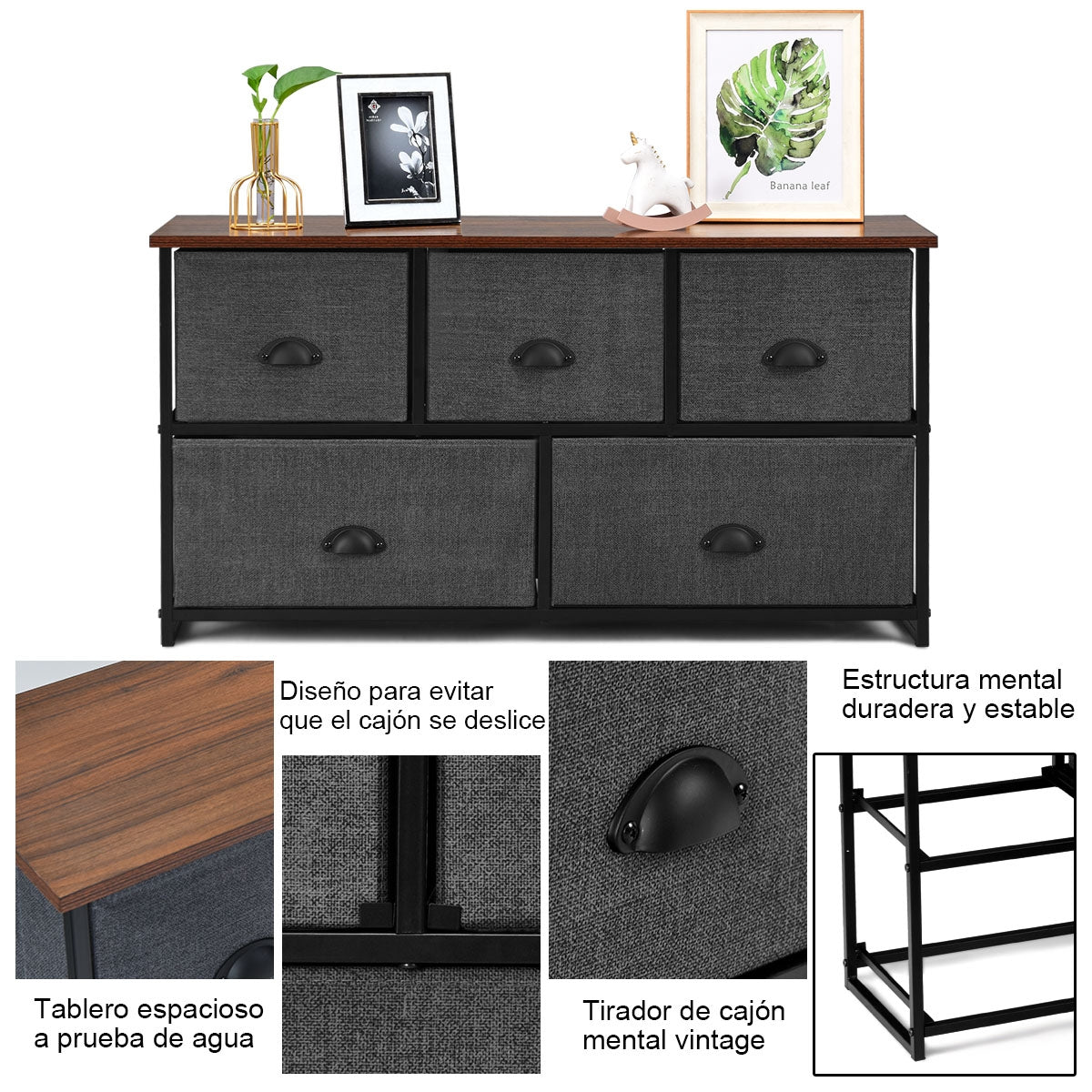 Organizador con 5 Cajones con Estructura en Hierro para Dormitorio Armario Entrada Pasillo Negro y Gris Oscuro 100 x 30 x 53,5 cm