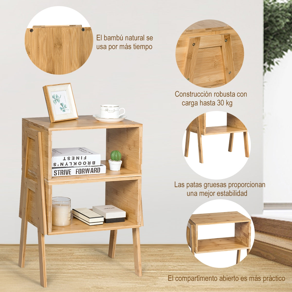2 Mesitas Apilables con Compartimiento Abierto para Salón Dormitorio y Pequeños Espacios Bambú 43 x 29 x 42 cm