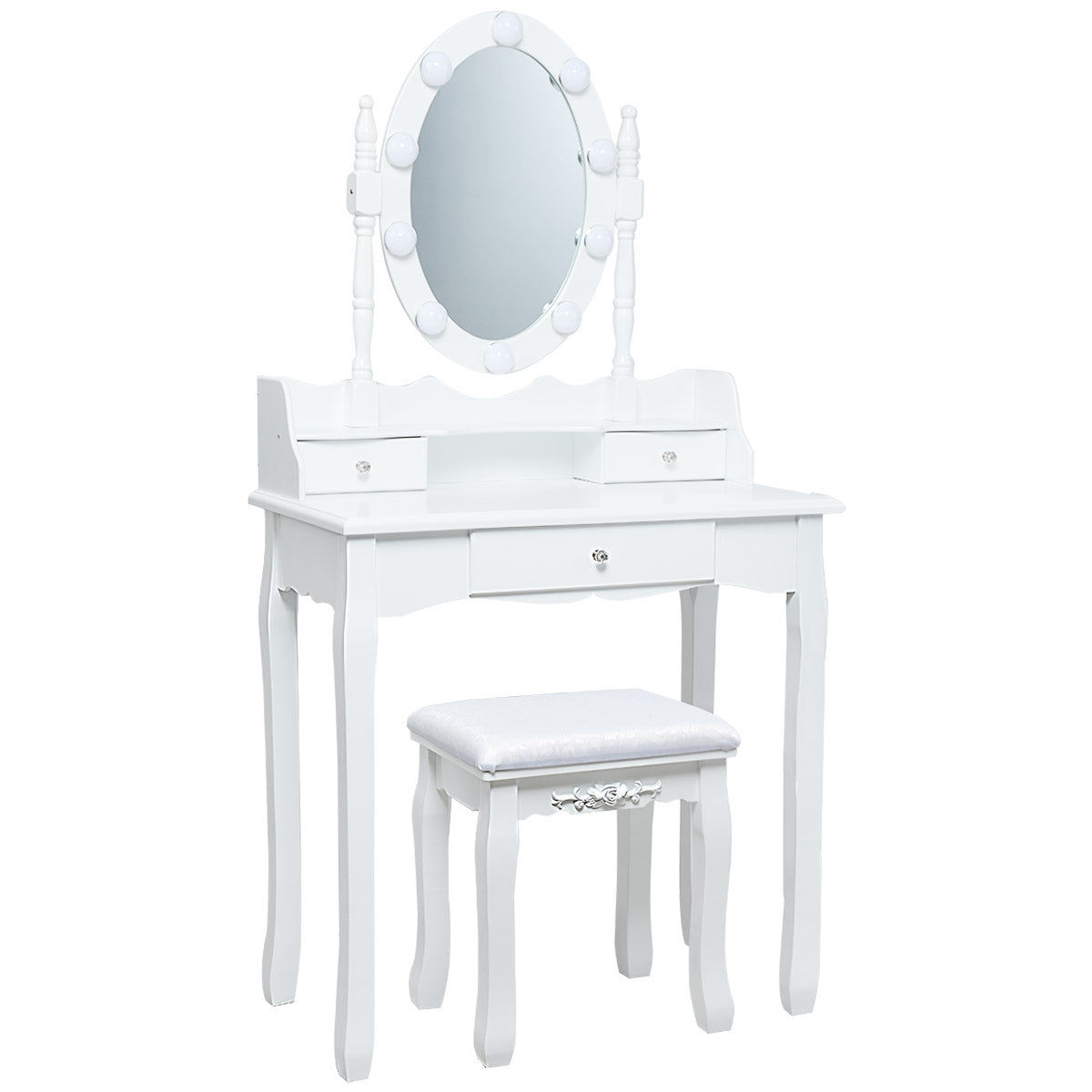 Tocador de Maquillaje con LED Espejo Giratorio 3 Cajones y Taburete para Dormitorio Habitación Blanco 75 x 40 x 143,5 cm