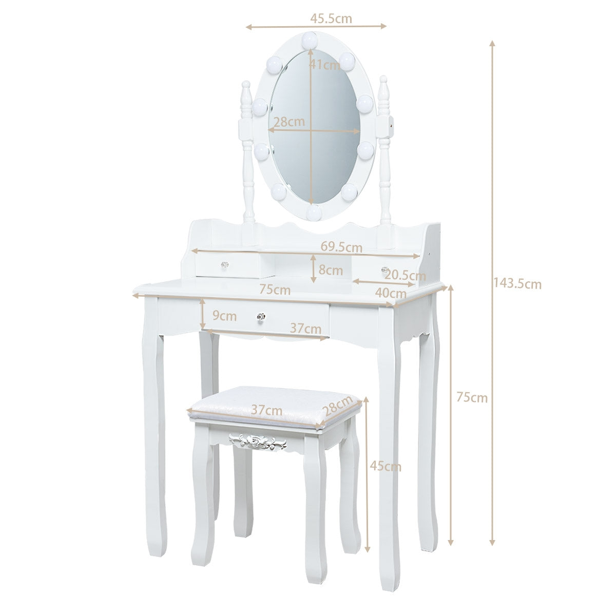 Tocador de Maquillaje con LED Espejo Giratorio 3 Cajones y Taburete para Dormitorio Habitación Blanco 75 x 40 x 143,5 cm