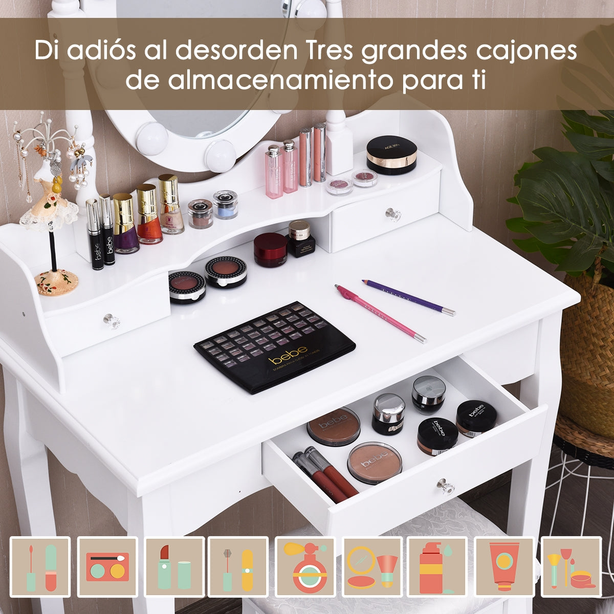 Tocador de Maquillaje con LED Espejo Giratorio 3 Cajones y Taburete para Dormitorio Habitación Blanco 75 x 40 x 143,5 cm