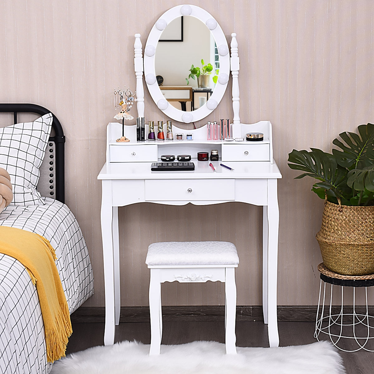 Tocador de Maquillaje con LED Espejo Giratorio 3 Cajones y Taburete para Dormitorio Habitación Blanco 75 x 40 x 143,5 cm