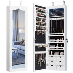 Armario para Joyas con Espejo Iluminación LED Cerradura Estante para Joyero Organizador Montar en Puerta y Pared 36,5 x 11,5 x 120 cm Blanco