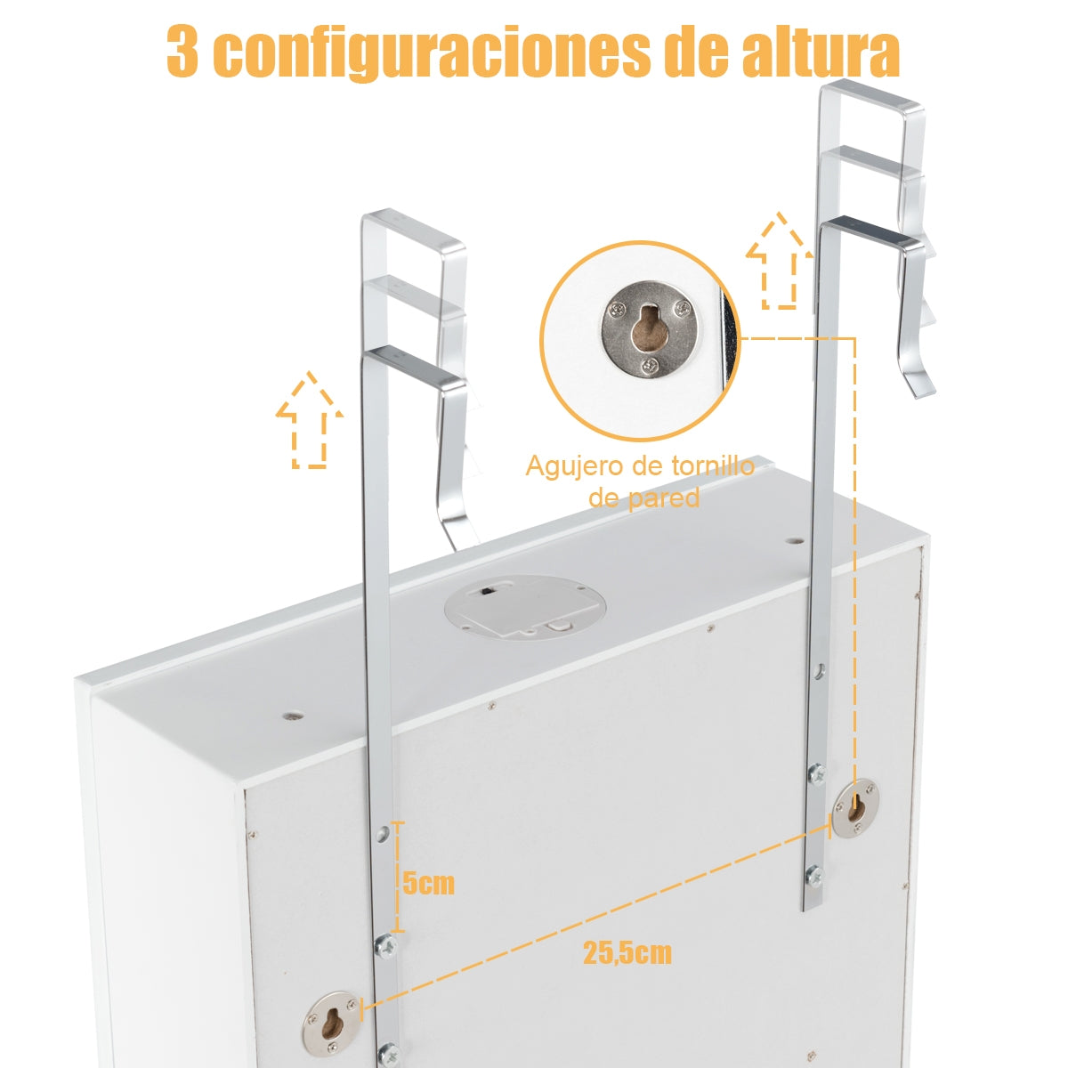 Armario para Joyas con Espejo Iluminación LED Cerradura Estante para Joyero Organizador Montar en Puerta y Pared 36,5 x 11,5 x 120 cm Blanco